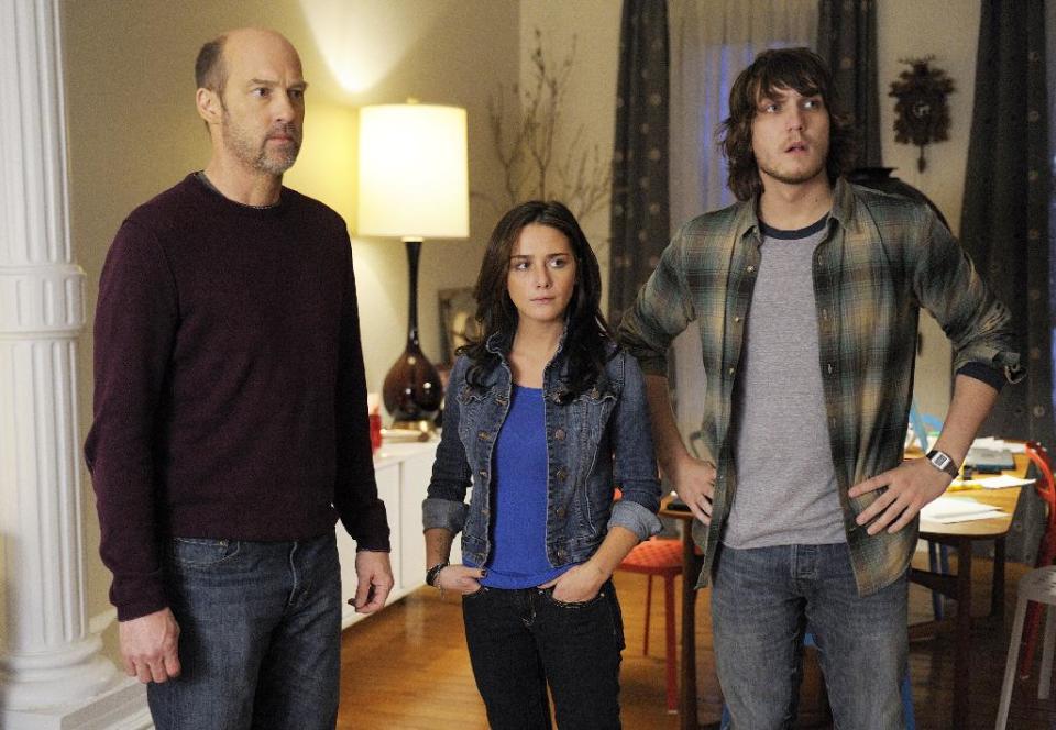 FILE - This undated file photo provided by ABC shows Anthony Edwards, left, Addison Timlin and Scott Michael Foster in a scene from "Zero Hour." Edwards plays Hank Galliston, a magazine publisher who descends into an historical mystery after his wife is kidnapped. The first of 13 filmed episodes reached 6.4 million people and did particularly poorly among the youthful demographic ABC targets. The second episode was down to 5.39 million viewers, the third 5.05 million, and then ABC pulled the plug. (AP Photo/ABC, Phillippe Bosse, File)