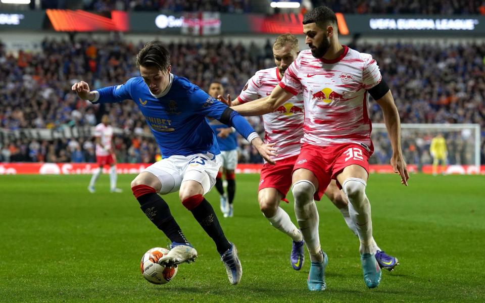 Rangers' Scott Wright (left) and RB Leipzig's Josko Gvardiol battle for the ball - PA