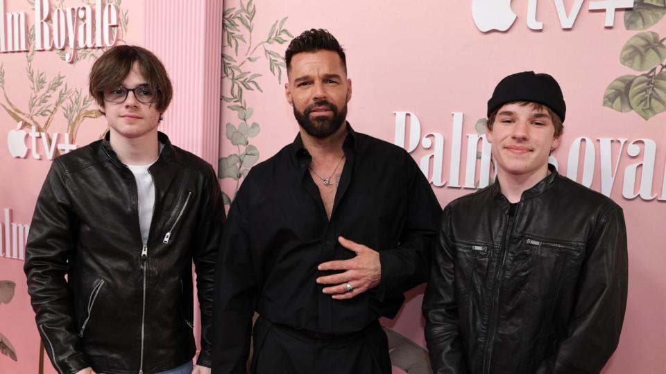 PHOTO: Valentino Martin, Ricky Martin and Matteo Martin attend the world premiere of Apple TV+'s 'Palm Royale' at the Samuel Goldwyn Theatre in Beverly Hills, CA, March 14, 2024. (Eric Charbonneau/Getty Images for Apple TV+)