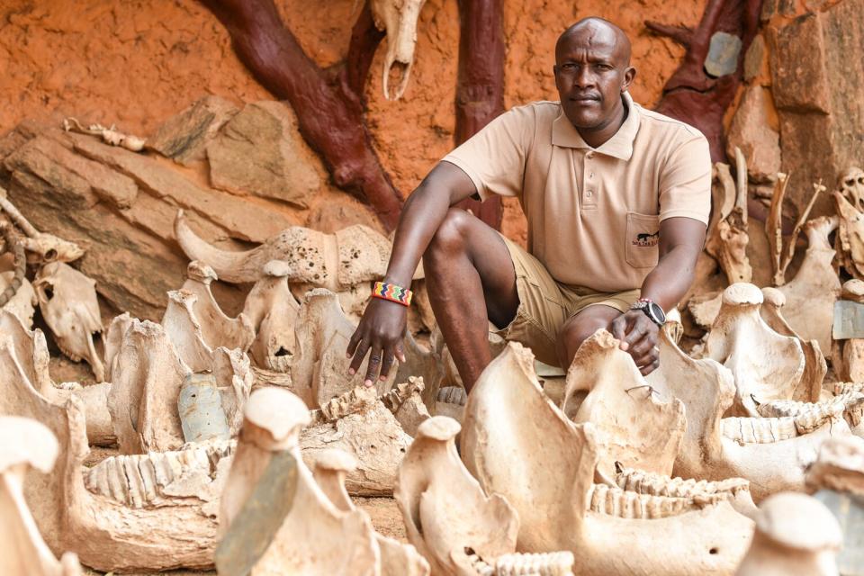 David Daballen and a graveyard of poached elephant skulls at the STE research camp