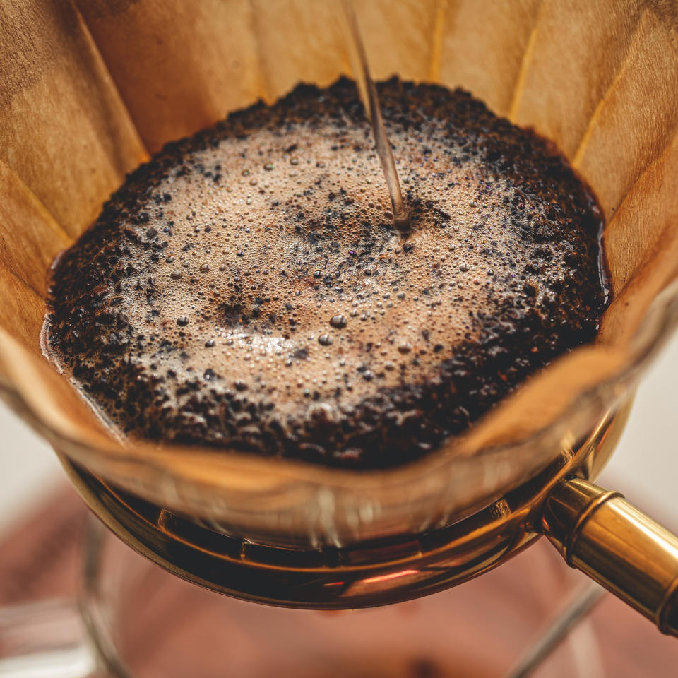 A paper coffee filter being used