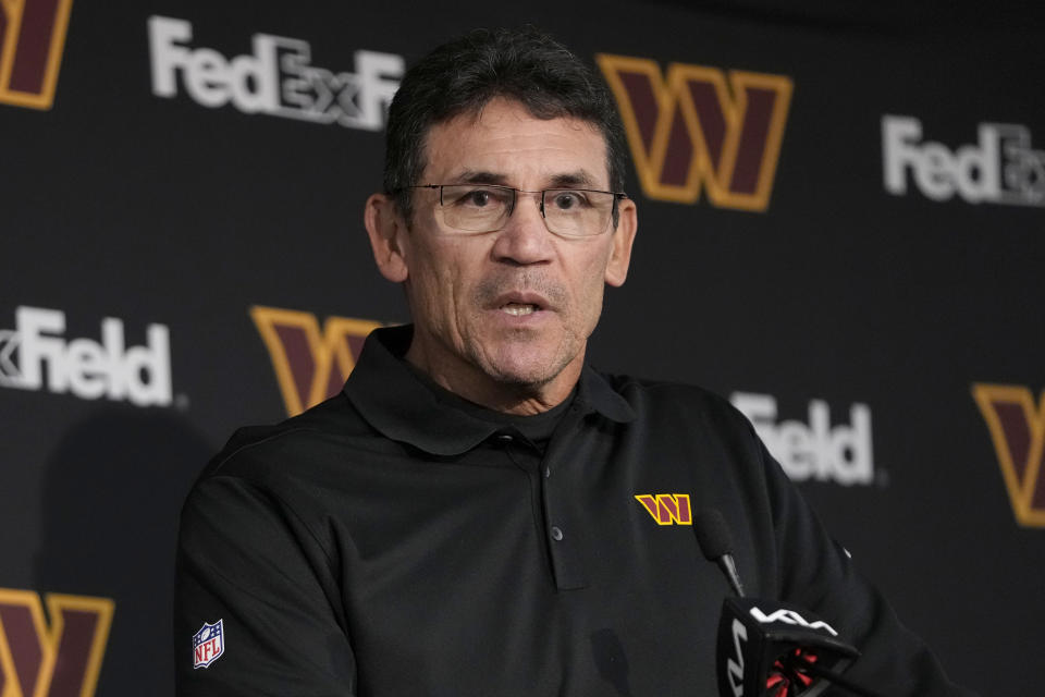 Washington Commanders head coach Ron Rivera speaks to reporters after an NFL football game against the Miami Dolphins Sunday, Dec. 3, 2023, in Landover, Md. (AP Photo/Mark Schiefelbein)