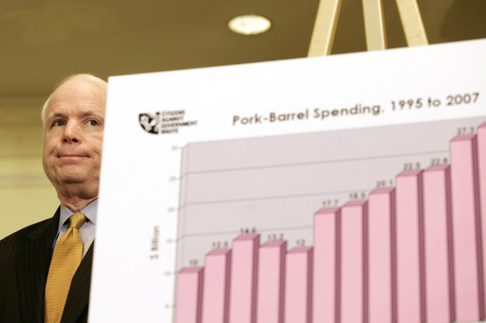 Presidential candidate Senator John McCain (R-Ariz.) listens before speaking at a news conference where the Citizens Against Government Waste (CAGW) released its 