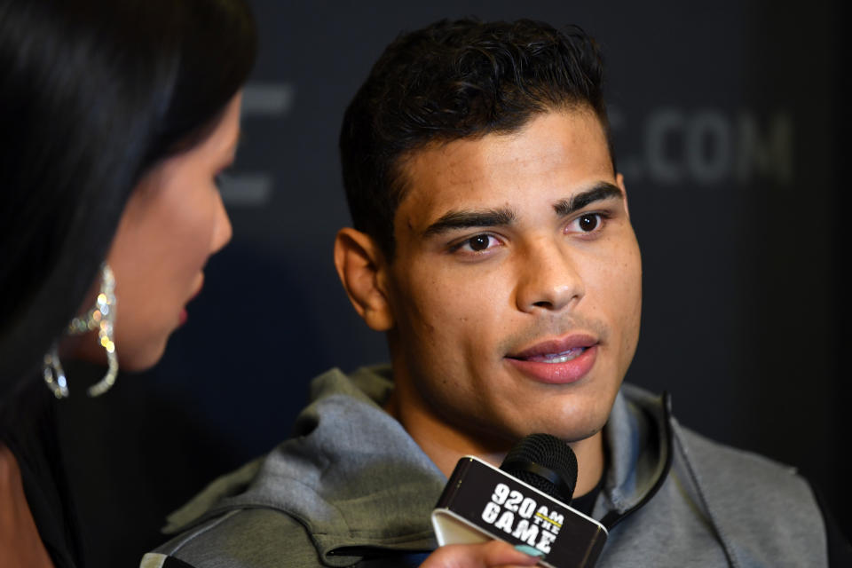 ANAHEIM, CALIFORNIA - AUGUST 15:  Paulo Costa of Brazil interacts with media during the UFC 241 Ultimate Media Day at the Hilton Anaheim hotel on August 15, 2019 in Anaheim, California. (Photo by Josh Hedges/Zuffa LLC/Zuffa LLC)