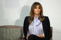 <p>The first lady was out to promote her <em>Be Best</em> initiative at a cyberbullying summit this week but it was her choice of blouse – a pale lavender pυssγ-bow style – which has everyone talking. Photo: Getty </p>