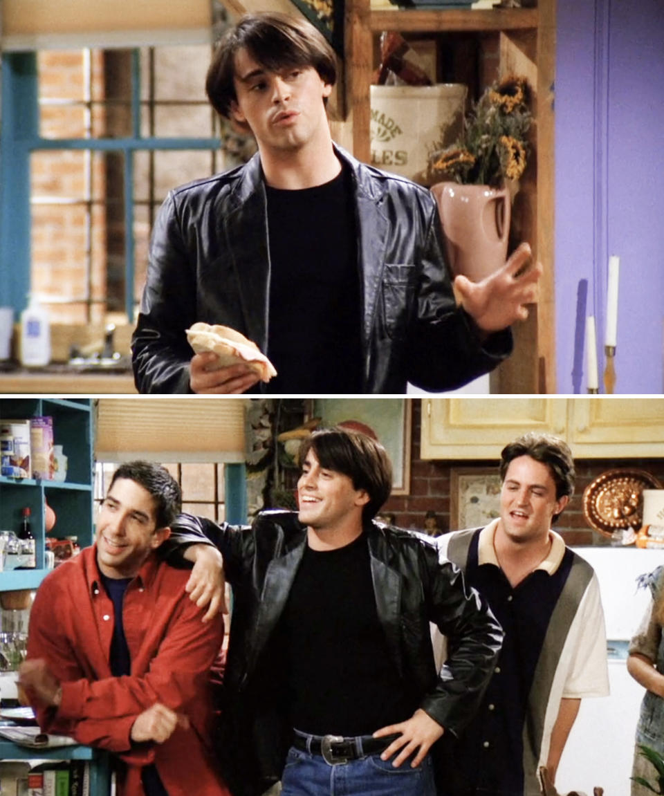 Joey Tribbiani in a black leather jacket, holding a sandwich, smiling, with friends Chandler and Ross in a casual setting