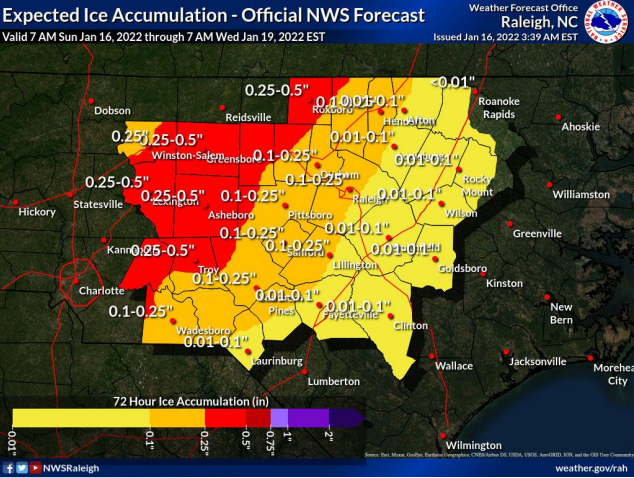 In addition to the snow on Sunday, Jan. 16, the National Weather Service in Raleigh is predicting 0.1 to 0.25 inches of ice accumulating in Alamance County.
