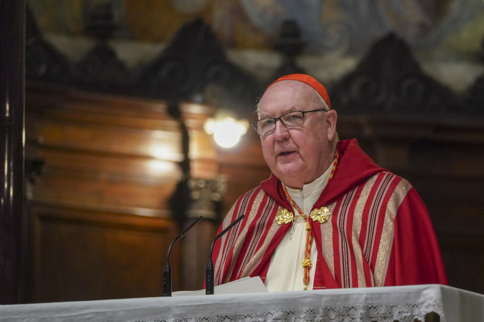 US Cardinal Kevin Joseph Farrell leads a vigil over the death of George Floyd, a black man who died after being restrained by Minneapolis police officers on May 25, in Rome, Friday, June 5, 2020. Cardinal Farrell says the killing of George Floyd has laid bare that the Christian principles of the U.S. Constitution aren’t being applied to blacks, and is evidence that divisive, demonizing language can kill. (AP Photo/Andrew Medichini)