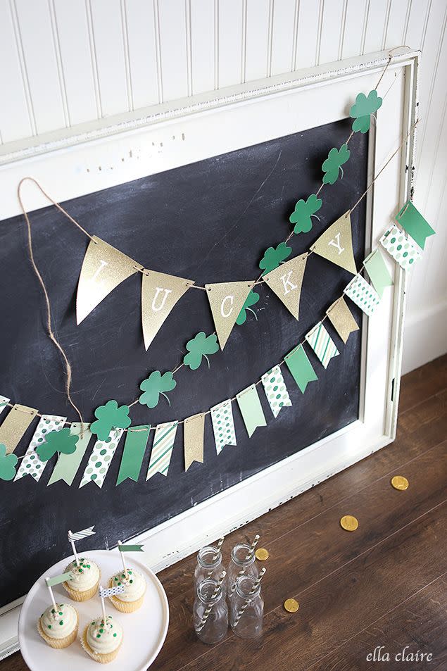 three printable st patrick's day banner crafts including patterned flags, shamrocks, and pennants spelling out lucky