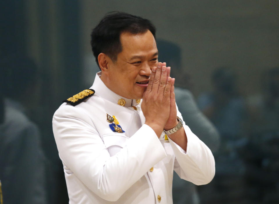 Thailand's Bhumjai Thai Party leader Anutin Charnvirakul arrives at the parliament in Bangkok, Thailand, Friday, May 24, 2019. Thailand's King Maha Vajiralongkorn plans to officially open parliament following the first democratic election since a coup five years ago. (AP Photo/Sakchai Lalit)