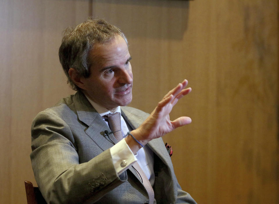 Director General of International Atomic Energy Agency (IAEA) Rafael Mariano Grossi from Argentina, gestures during an interview with The Associated Press at the International Center in Vienna, Austria, Tuesday, Dec. 3, 2019. The new head of the U.N.’s atomic watchdog agency says it still has not received the information it needs from Iran on the discovery of uranium particles of man-made origin at a site near Tehran that wasn’t declared to the agency. (AP Photo/Ronald Zak)