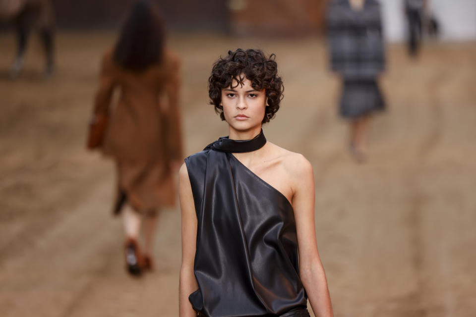 A model wears a creation as part of the Stella McCartney Fall/Winter 2023-2024 ready-to-wear collection presented Monday, March 6, 2023 in Paris. (Vianney Le Caer/Invision/AP)