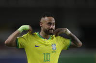 Brazil's Neymar celebrates scoring his side's 5th goal against Bolivia during a qualifying soccer match for the FIFA World Cup 2026 at Mangueirao stadium in Belem, Brazil, Friday, Sept. 8, 2023. (AP Photo/Bruna Prado)