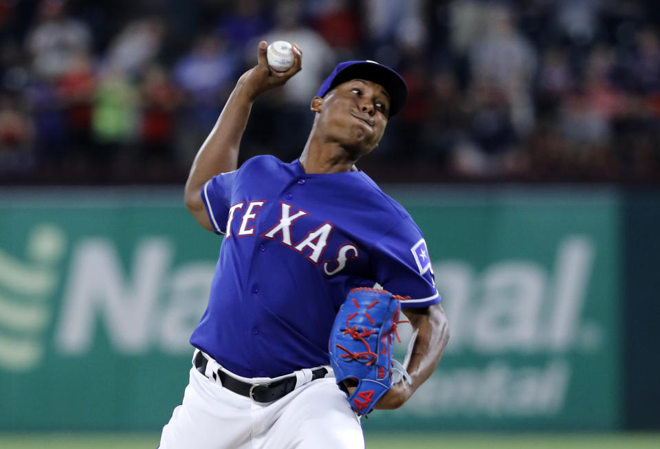 Texas Rangers' Jose Leclerc throws to a Detroit Tigers batter during the ninth inning of a baseball game in Arlington, Texas, Friday, Aug. 2, 2019. (AP Photo/Tony Gutierrez)