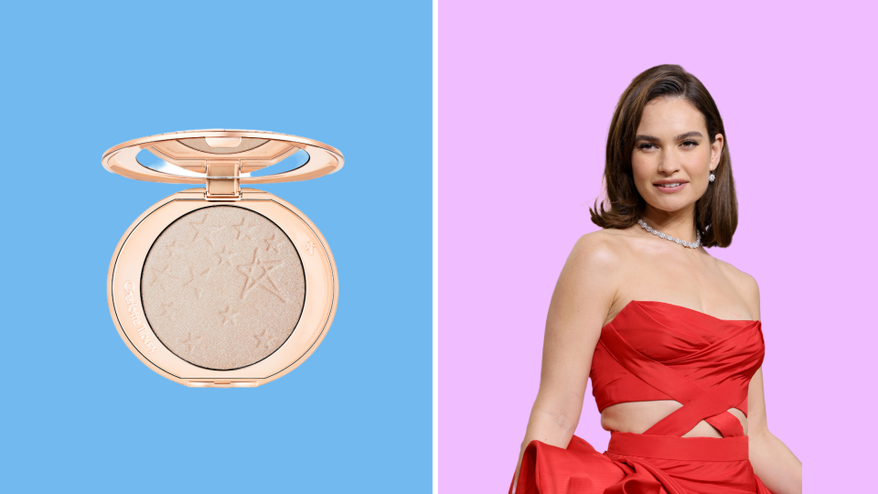 Lily James wore the Charlotte Tilbury Hollywood Glow Glide Face Architect Highlighter in “Moonlit Glow” to the 2023 Golden Globes.