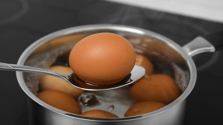 pot boiling eggs spoon 