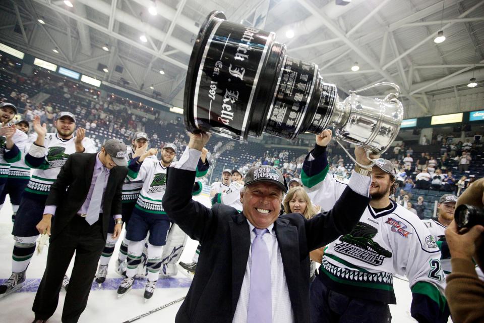 Everblades owner Craig Brush, who is now the team's general manager, celebrates his team winning 3-2 in overtime clinching their first ECHL Kelly Cup over Las Vegas at Germain Arena on Wednesday, May 23, 2012.