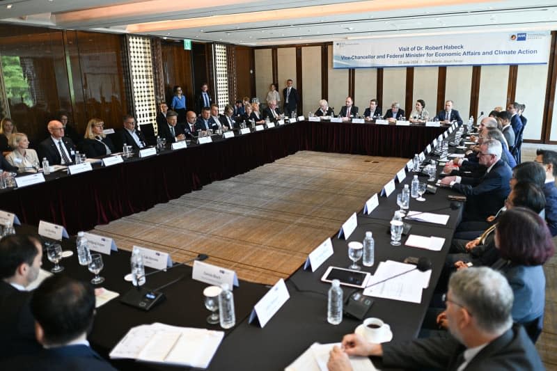 Robert Habeck, Germany's Minister for Economic Affairs and Climate Protection, speaks during a business roundtable. Habeck is visiting South Korea until June 21, after which he will fly to China. Sebastian Christoph Gollnow/dpa