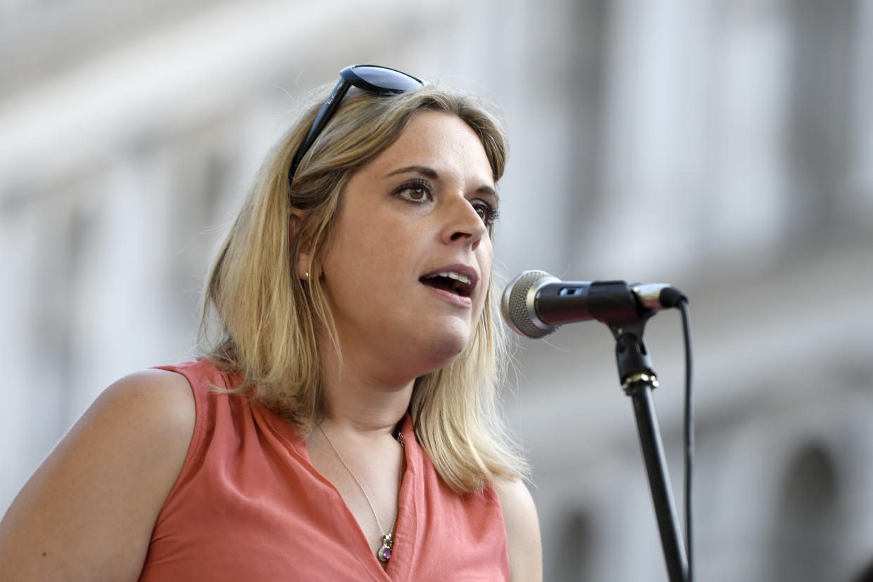  Laura Smith, MP, speaks at the anti Boris Johnson rally in London. Protesters gathered outside Downing Street to protest against the announcement of Tory Boris Johnson as a new UK Prime Minister, who was elected only by less than 150,000 members of the Conservative party, a party that doesn�t hold a majority in Parliament. They demanding an immediate general election and launched plans to protest at the Conservative party national conference later this year. (Photo by Andres Pantoja / SOPA Images/Sipa USA) 