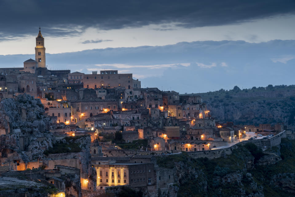 Matera, Italy, at dusk. 