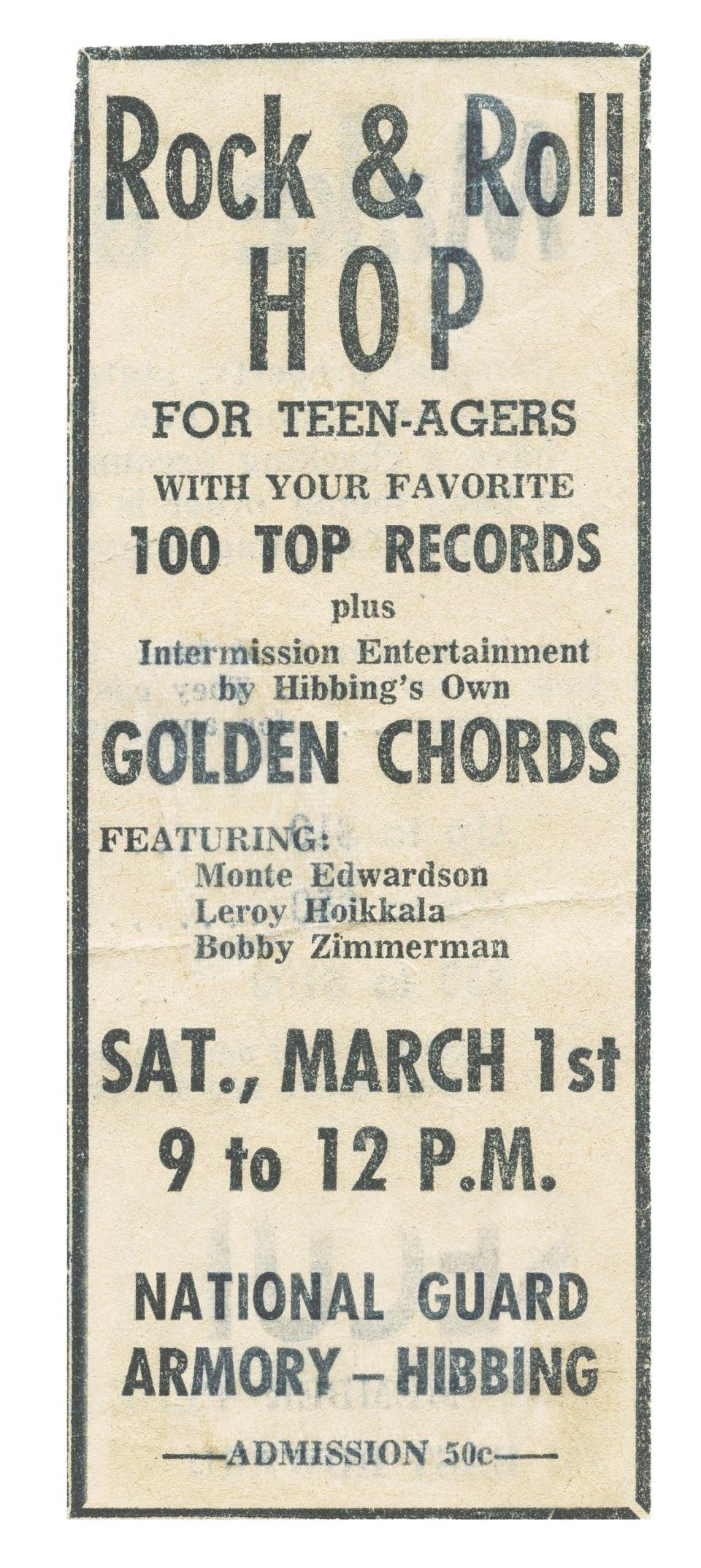 A newspaper ad for The Golden Chords gig at Hibbing Community College, February 14, 1958