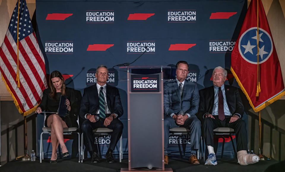 House Speaker Cameron Sexton, third from left, with Arkansas Gov. Sarah Huckabee Sanders, Gov. Bill Lee and Lt. Gov. Randy McNally, voted against school vouchers in 2019 but now supports them -- but don't call that a flip-flop. (Photo: John Partipilo)