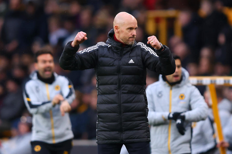 Man United manager Erik ten Hag pumps his fist in celebration of his side's 1-0 Premier League win over Wolves. 
