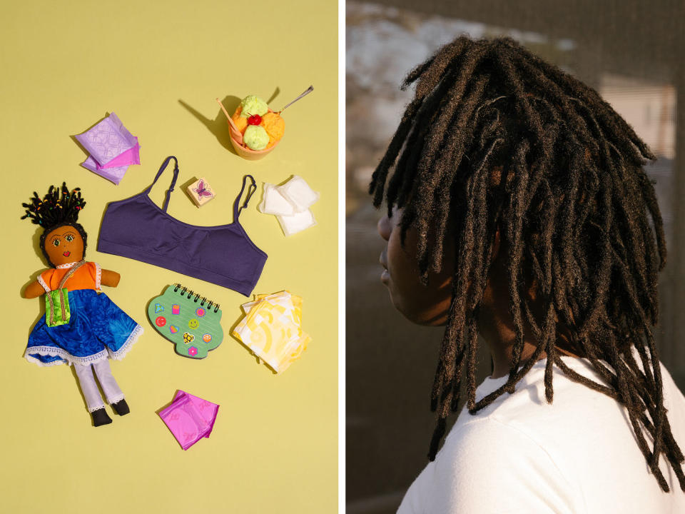 Left: Photo illustration of various childhood, girlhood and puberty items including hair bobbles, scrunchies, a doll etc. (Nakeya Brown for NBC News; Caroline Gutman for NBC News)