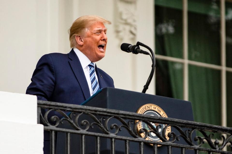 U.S. President Donald Trump addresses a rally in support of law and order on the South Lawn of the White House on October 10, 2020 in Washington, DC. (Photo by Samuel Corum/Getty Images)