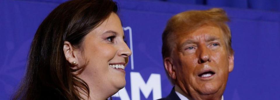 Rep. Elise Stefanik (R-NY) (L) joins Republican presidential candidate and former President Donald Trump during a campaign rally at the Grappone Convention Center on January 19, 2024 in Concord, New Hampshire.