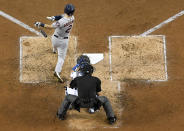 <p>Houston Astros’ Alex Bregman watches his home during the fourth inning of Game 1 of baseball’s World Series against the Houston Astros Tuesday, Oct. 24, 2017, in Los Angeles. (AP Photo/Mark J. Terrill) </p>