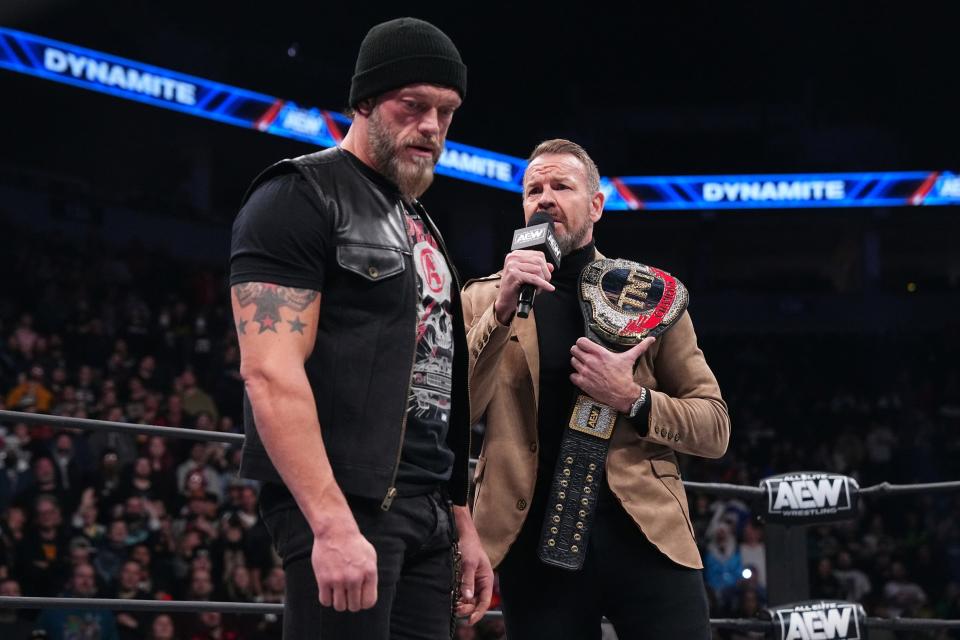 Adam Copeland, left, is verbally berated by Christian Cage during a recent AEW show. Behind the scenes, Copeland and Cage have known each other since they were 10 years old.
