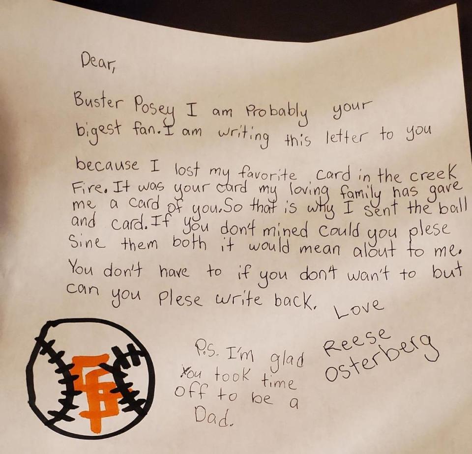 A letter Reese Osterberg, 9, recently wrote to Giants catcher Buster Posey.