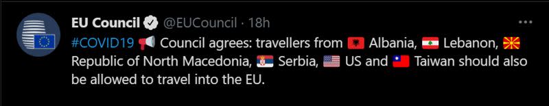 歐盟公布，將台灣納入安全旅遊名單，官方推特更罕見秀出我國旗。（圖／翻攝自歐盟理事會官方推特）