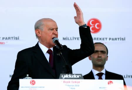 Devlet Bahceli, leader of Nationalist Movement Party (MHP), addresses his supporters during an election rally in Ankara, Turkey June 23, 2018. REUTERS/Stoyan Nenov