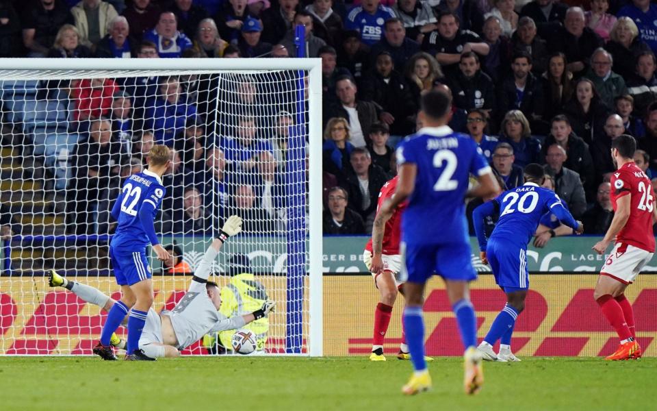 Patson Daka scores the side's fourth goal - Magnificent James Maddison throws Brendan Rodgers a lifeline and condemns Forest to bottom spot - GETTY IMAGES