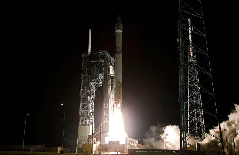 The Solar Orbiter spacecraft, built for NASA and the European Space Agency, lifts off from pad 41 aboard a United Launch Alliance Atlas V rocket at the Cape Canaveral Air Force Station in Cape Canaveral