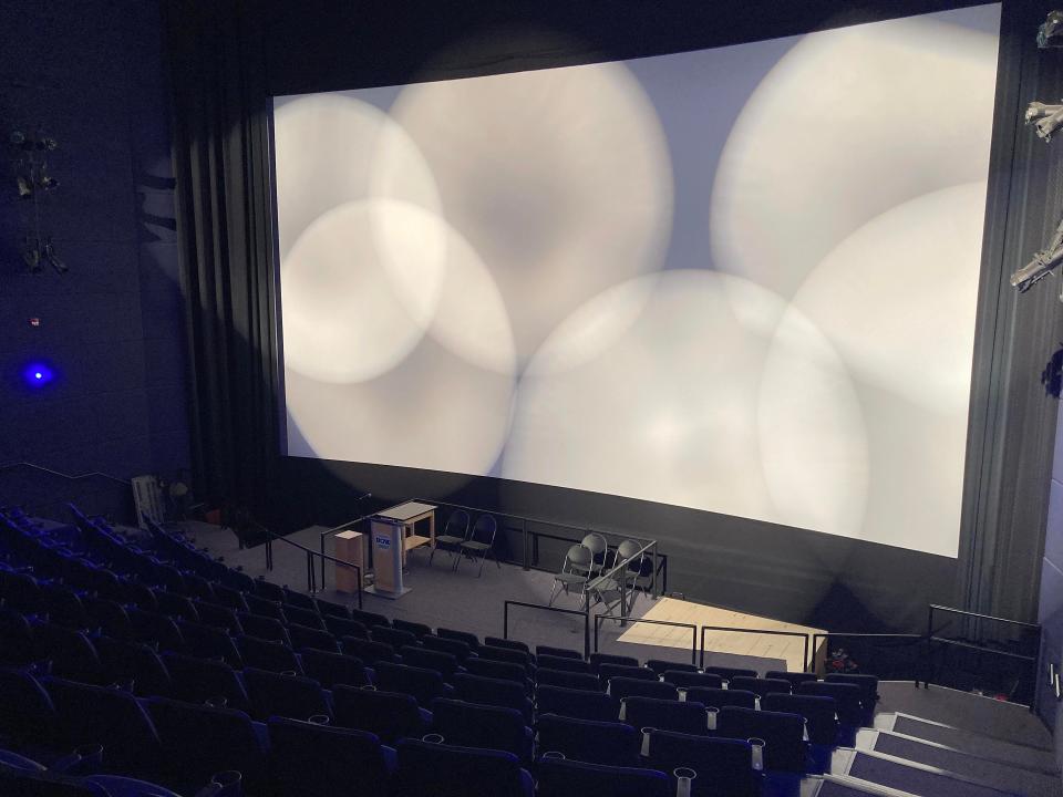 Movies will once again be shown on a regular basis on the big screen inside the theater at the Tom Ridge Environmental Center, 301 Peninsula Drive. The screen is shown with its new stage in front.