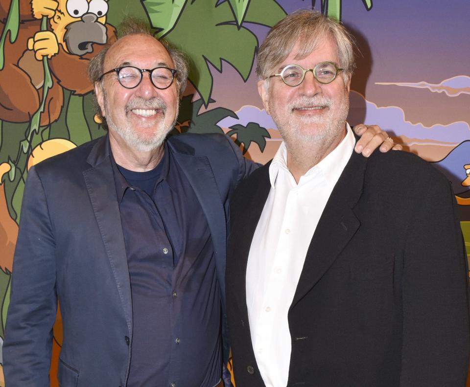 "The Simpsons" executive producer James L.Brooks (L) and creator Matt Groening attend the celebration of the 600th episode of "The Simpsons" at YouTube Space LA on October 14, 2016 in Los Angeles, California.