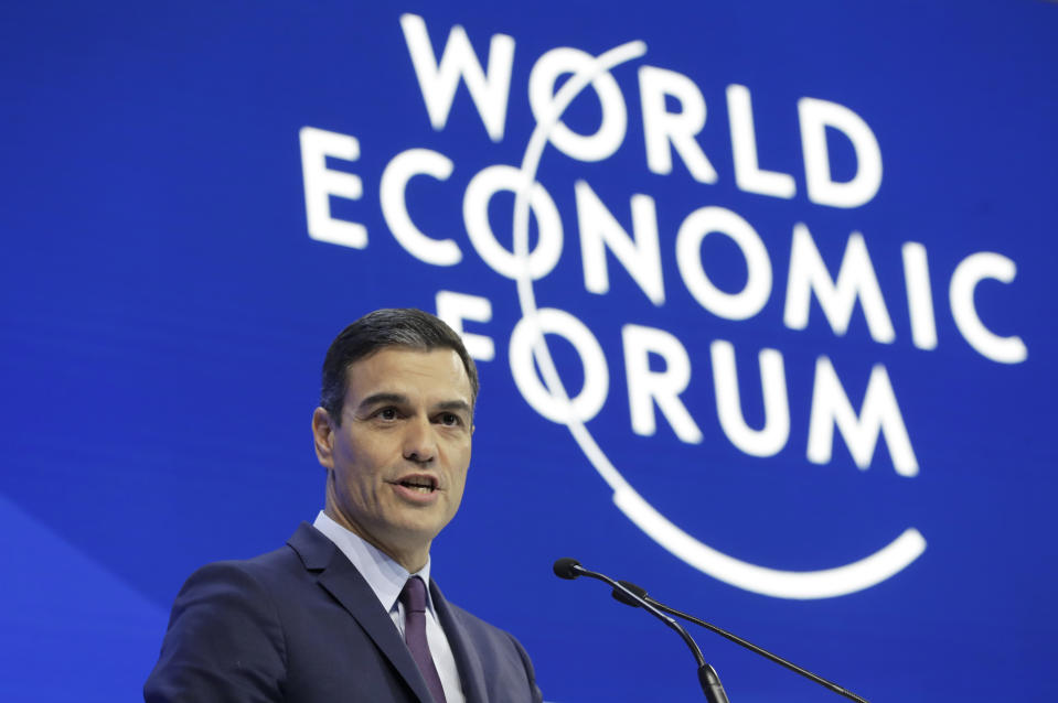 Spain Prime Minister Pedro Sanchez addresses the annual meeting of the World Economic Forum in Davos, Switzerland, Wednesday, Jan. 23, 2019. (AP Photo/Markus Schreiber)