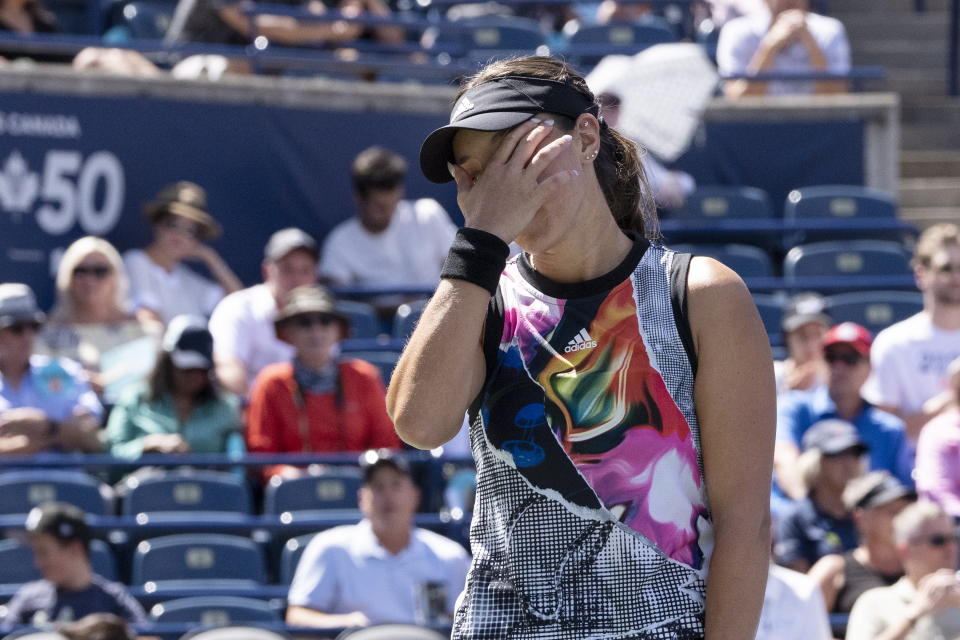 United States' Jessica Pegula reacts during her defeat to Romania's Simona Halep during the women's National Bank Open semifinal tennis match in Toronto, Saturday, Aug. 13, 2022. (Chris Young/The Canadian Press via AP)