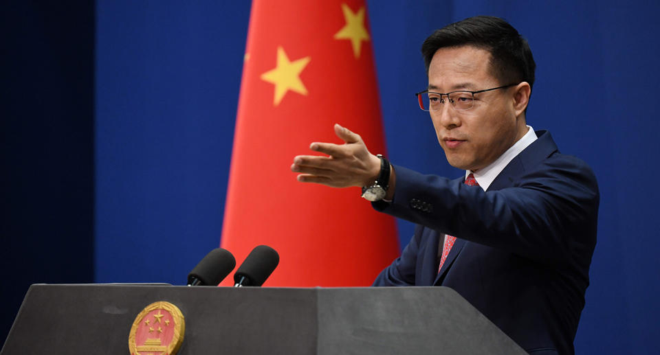 Chinese Foreign Ministry spokesman Zhao Lijian takes a question at the daily media briefing in Beijing on April 8, 2020. Source: AFP via Getty