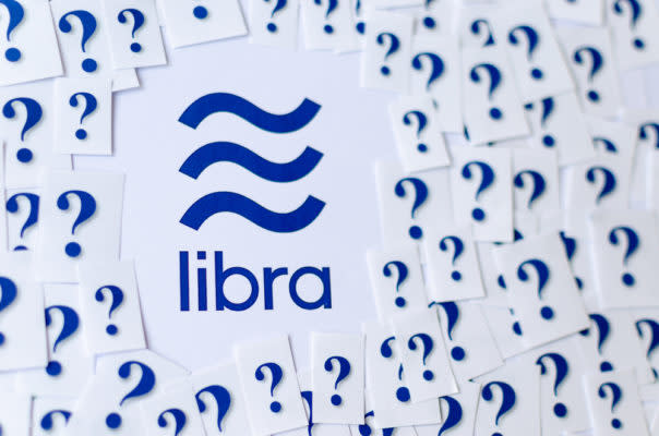 Libra-Logo, umgeben von Fragezeichen