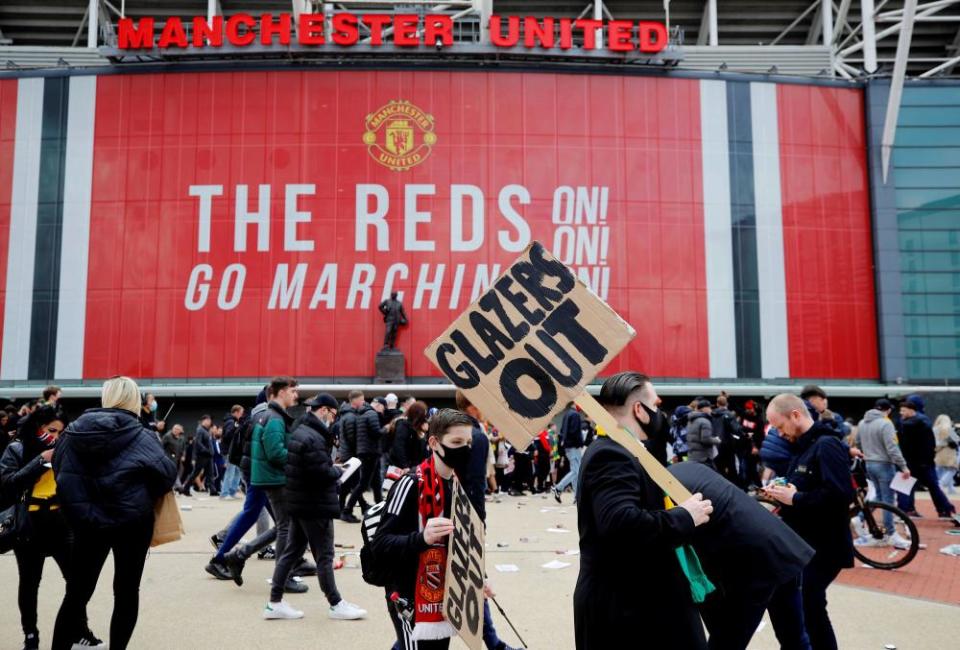 Manchester United fans protest against their owners before the Liverpool match last Sunday.