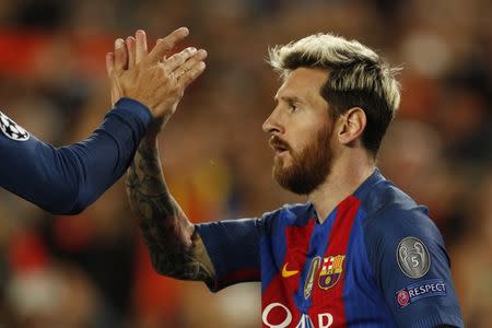 Football Soccer - FC Barcelona v Manchester City - UEFA Champions League Group Stage - Group C - The Nou Camp, Barcelona, Spain - 19/10/16 Barcelona's Lionel Messi celebrates scoring their first goal Action Images via Reuters / John Sibley Livepic