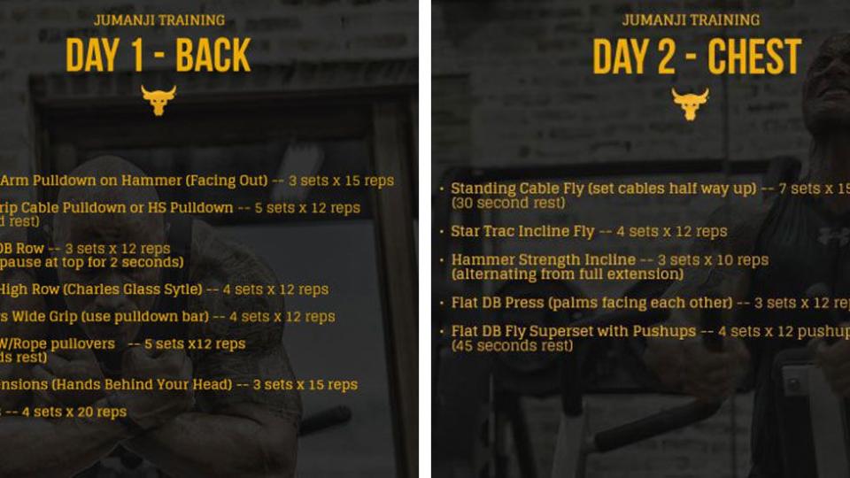 screenshots of Dwayne "The Rock" Johnson's Jumanji training schedule for back and chest