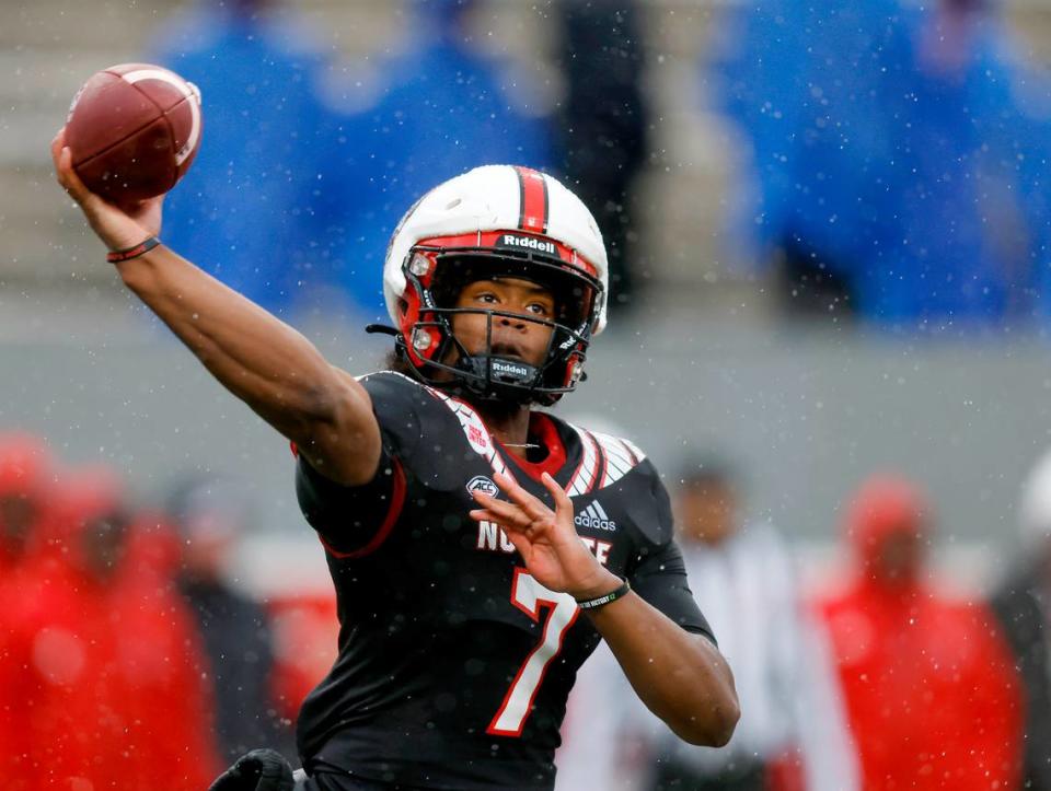 N.C. State quarterback MJ Morris throws a pass during the Wolfpack’s spring game at Carter-Finley Stadium on Saturday, April 8, 2023, in Raleigh, N.C.