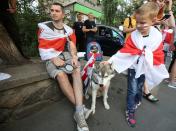 Belarusian software engineer Max Korolevsky attends a rally to reject the Belarusian presidential election results in Kyiv