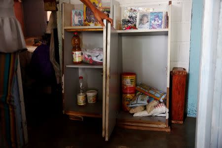 Alejandra Jordan, 30, shows the food she has at home, while she recovers after a sterilization surgery, in San Francisco de Yare, Venezuela July 28, 2016. REUTERS/Carlos Garcia Rawlins