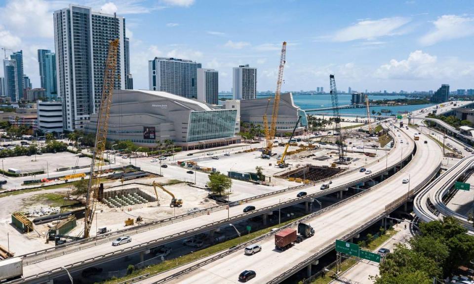 Aerial view of the I-395 construction project taking place near downtown Miami and Overtown on June 8, 2021. How was traffic and construction complaints not ranked higher on a July 2023 survey of Nextdoor posts in Miami?